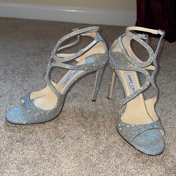 Jimmy Choo Silver Glitter Strappy High Heel Sandals - Picture 1 of 12